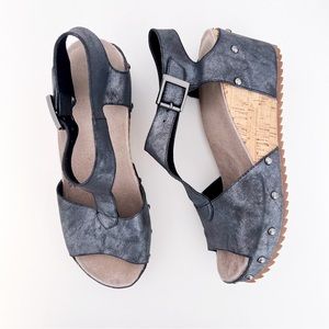 Antelope Metallic Dark Grey Leather Suede Wedge Sandals, Cork Wedge, Size 40